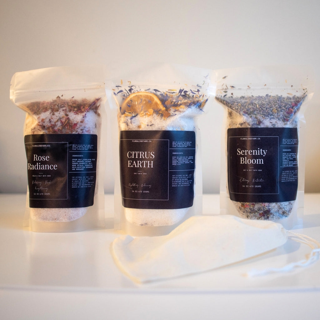 Coffret trio de bain botanique avec sac en mousseline réutilisable